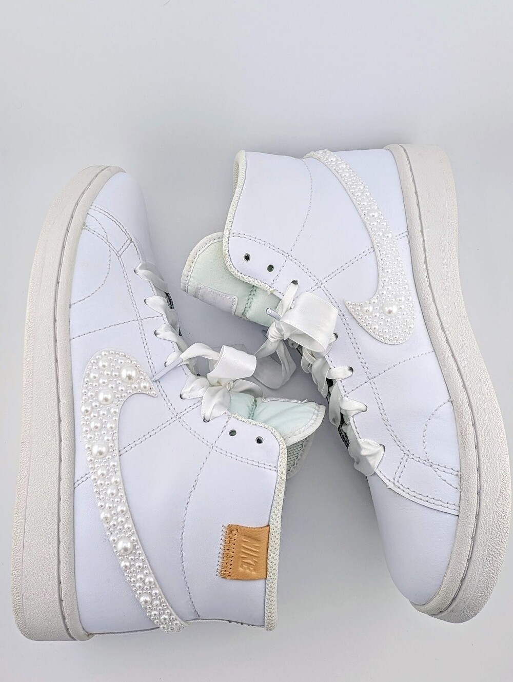 Custom Pearl Nike Court Royal 2 Mid Sneakers Bridal Wedding White 8.5